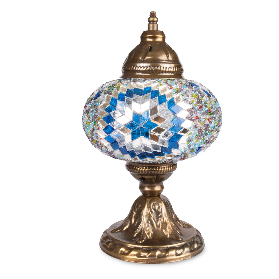 Blue & White Handmade Turkish Stained Glass Lamp with Star Patterns Mirror Detail Beautiful 