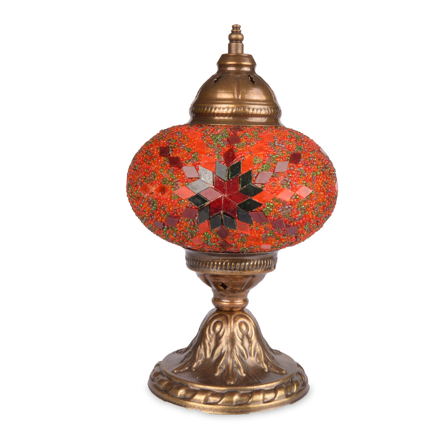 Stunning red, orange & green handmade Turkish table lamp with star and diamond pattern