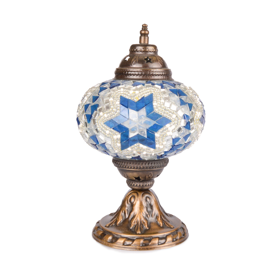 Stunning Blue/Silver Handmade Stained Glass Turkish Mosaic Lamp with Mirror Detail