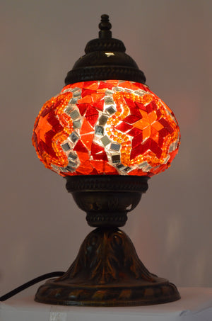 Red Stained Glass Mosaic Lamp with Mirror Detail and Six-Point Star Pattern
