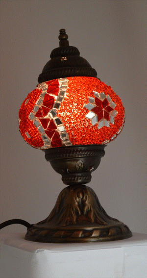 Red Beaded Mosaic Lamp with Stained Glass Double Circle Pattern and Mirror Detail | 1003